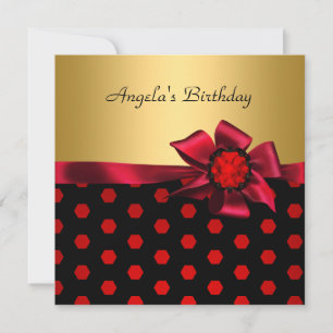 Invitation Fête d'anniversaire Ruban Rouge Or Tache Noire Or