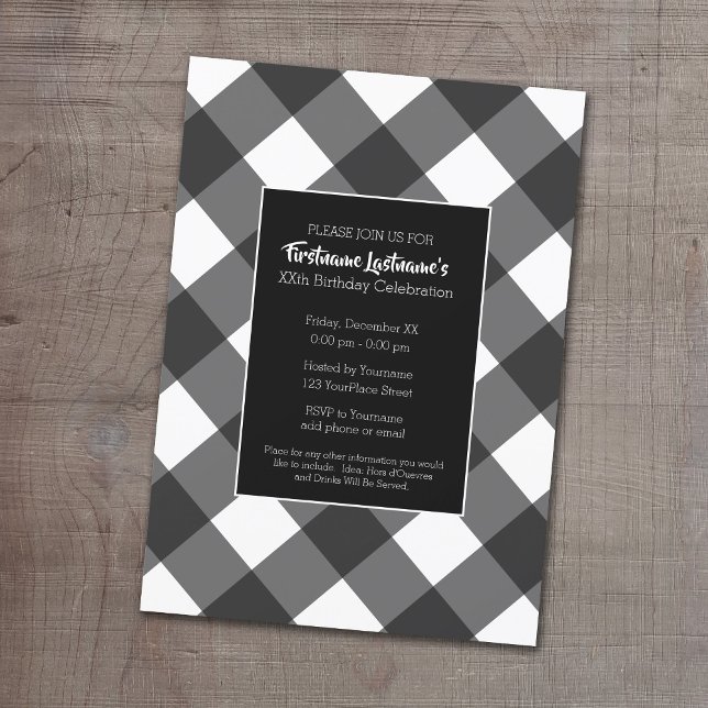 Invitation Fête d'anniversaire Russe Black & White Buffalo Ch (Buffalo Plaid Birthday Party Invitation)
