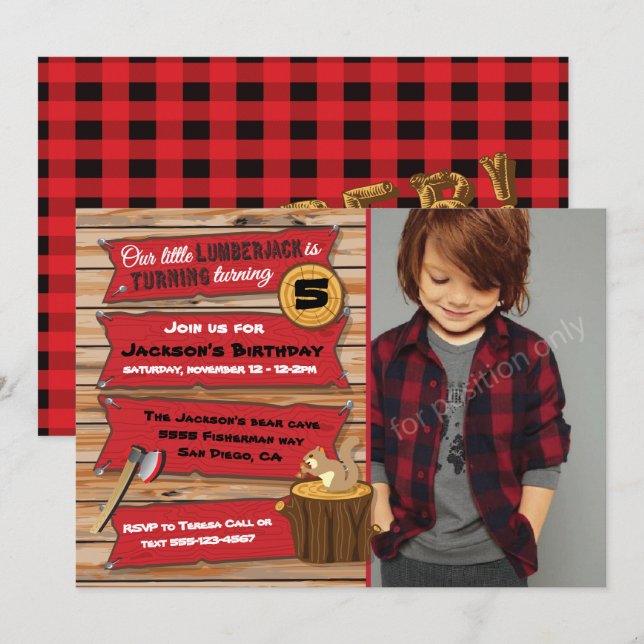 Invitation Fête d'anniversaire Russe Lumberjack avec photo (Devant / Derrière)