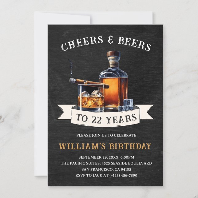 Invitation Fête d'anniversaire rustique 22 ans Cheers & Beers (Devant)