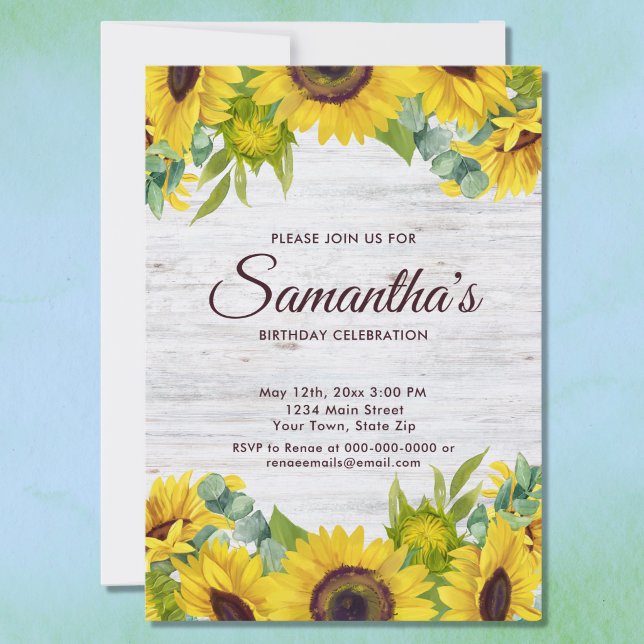 Invitation Fête d'anniversaire rustique aquarelle Tournesol  (Créateur téléchargé)