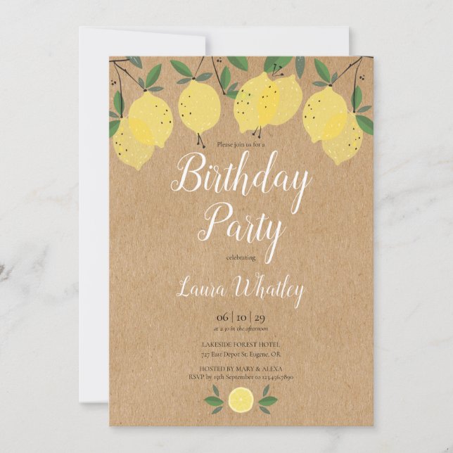 Invitation Fête d'anniversaire rustique boho aux citrons (Devant)