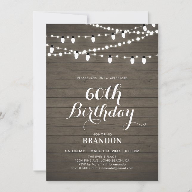 Invitation Fête d'anniversaire rustique bois & lumières 60 an (Devant)