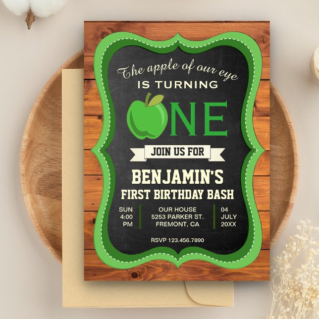 Invitation Fête d'anniversaire Rustique Bois Pomme Verte 1ère (Créateur téléchargé)
