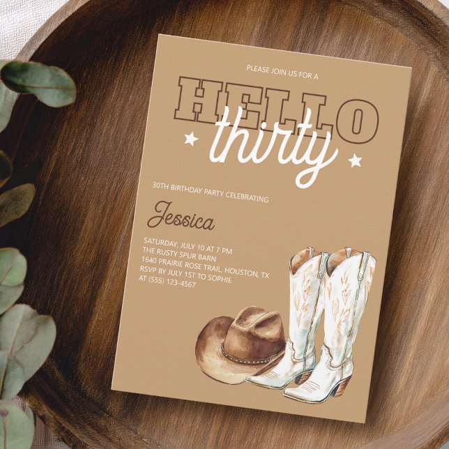 Invitation Fête d'anniversaire rustique campagne Hello Thirty (Rustic Country Hello Thirty 30th Birthday Party Invitation)