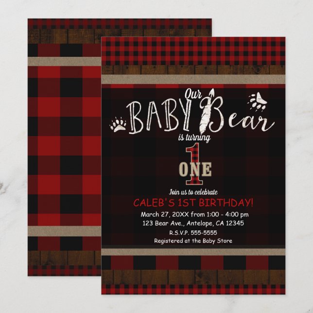 Invitation Fête d'anniversaire rustique carreaux rouge ourson (Devant / Derrière)