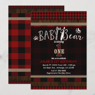 Invitation Fête d'anniversaire rustique carreaux rouge ourson