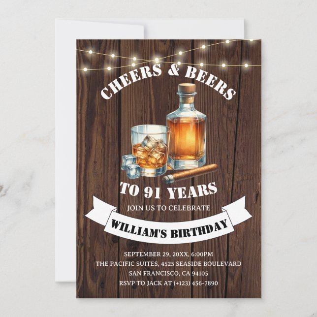 Invitation Fête d'anniversaire rustique de 91 ans Cheers & Be (Devant)
