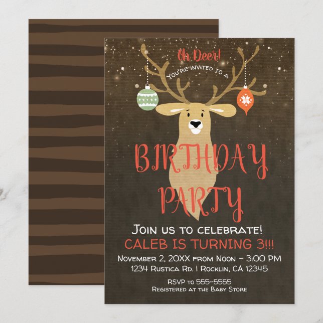 Invitation Fête d'anniversaire rustique de Noël avec cerfs (Devant / Derrière)