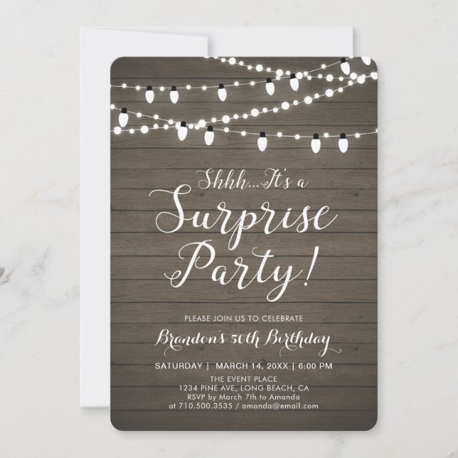 Invitation Fête d'anniversaire rustique en bois Surprise 50e  (Devant)