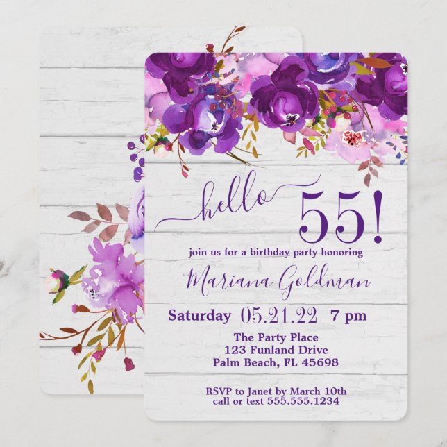 Invitation Fête d'anniversaire rustique florale violette 55 a (Devant / Derrière)