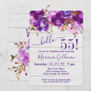 Invitation Fête d'anniversaire rustique florale violette 55 a
