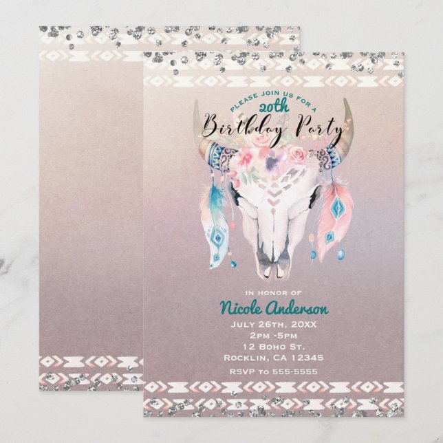 Invitation Fête d'anniversaire Rustique Glam Boho Floral Crân (Devant / Derrière)