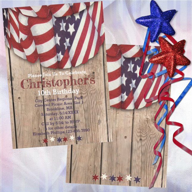 Invitation Fête d'anniversaire rustique patriotique rouge bla (Créateur téléchargé)