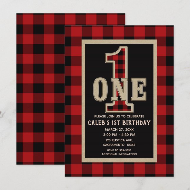 Invitation Fête d'anniversaire rustique rouge et noir à carre (Devant / Derrière)