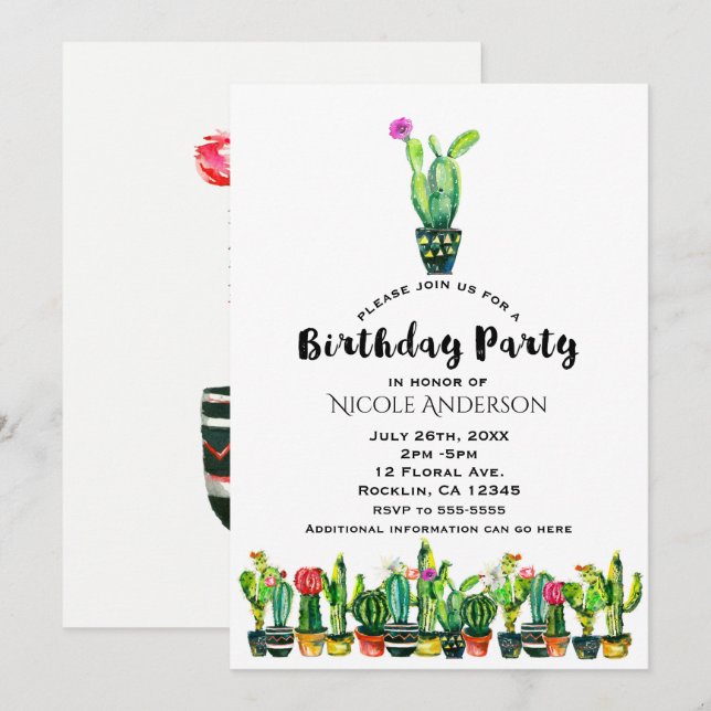 Invitation Fête d'anniversaire rustique sud-ouest floral cact (Devant / Derrière)