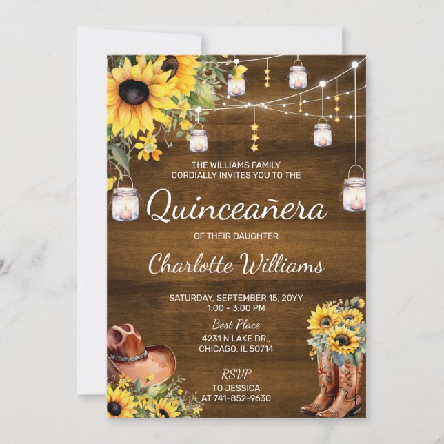 Invitation Fête d'anniversaire Rustique Western Quinceañera (Devant)