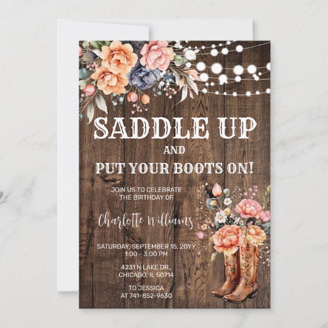 Invitation Fête d'anniversaire rustique western Saddle Up (Devant)
