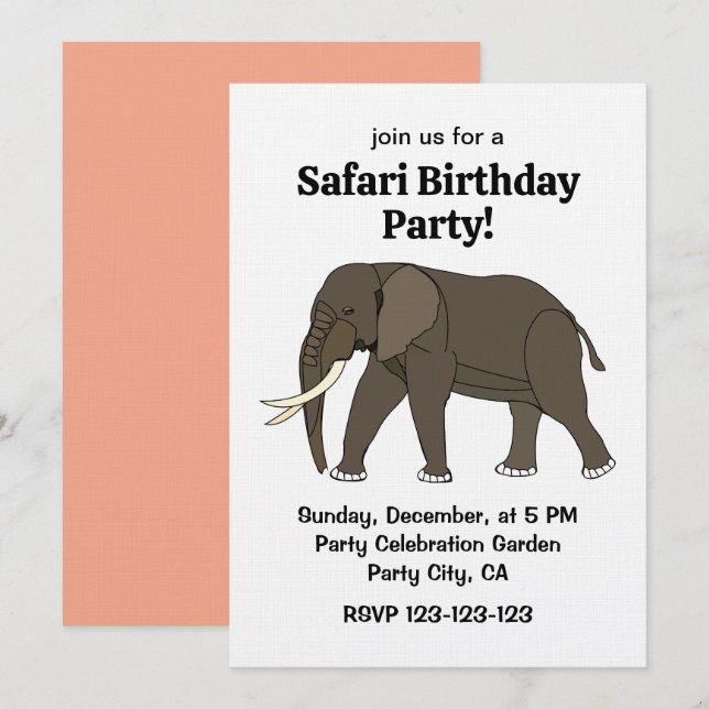 Invitation Fête d'anniversaire Safari Animal Éléphant (Devant / Derrière)