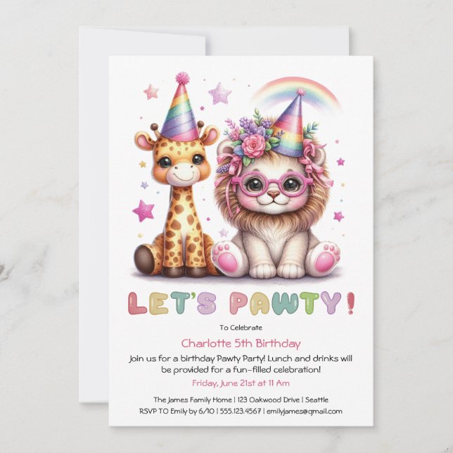 Invitation Fête d'anniversaire Safari Pailleté Lion & Girafe  (Devant)