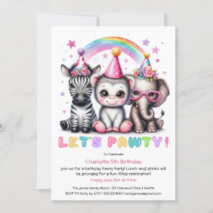 Invitation Fête d'anniversaire Safari Pailleté Zèbre, Éléphan