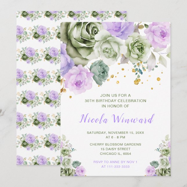 Invitation Fête d'anniversaire Sage Green et Purple Floral (Devant / Derrière)