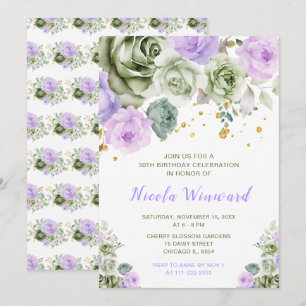 Invitation Fête d'anniversaire Sage Green et Purple Floral