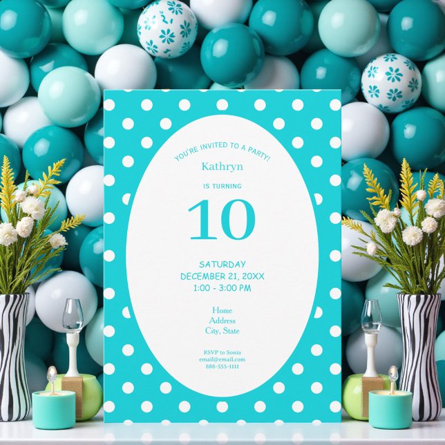 Invitation Fête d'anniversaire sarcelle à pois blancs (Créateur téléchargé)