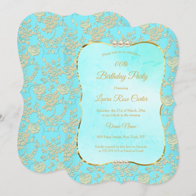 Invitation Fête d'anniversaire sarcelle florale damassée rose (Devant / Derrière)