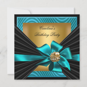 Invitation Fête d'anniversaire sarcelle or noir ondulé