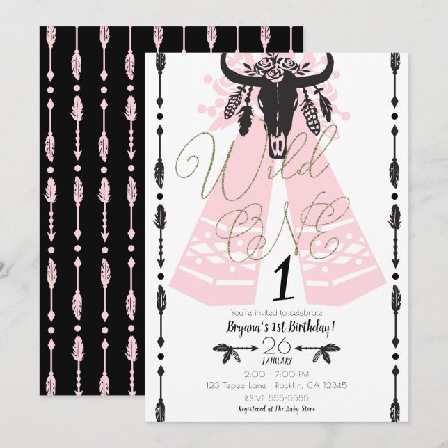 Invitation Fête d'anniversaire sauvage de style boho chic ros (Devant / Derrière)