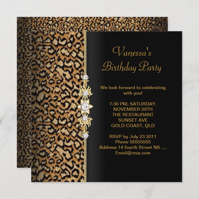Invitation Fête d'anniversaire sauvage Gold Black Animal (Devant / Derrière)