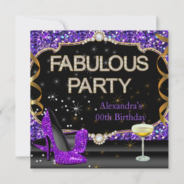Invitation Fête d'anniversaire scintillante violette noire fa (Devant)