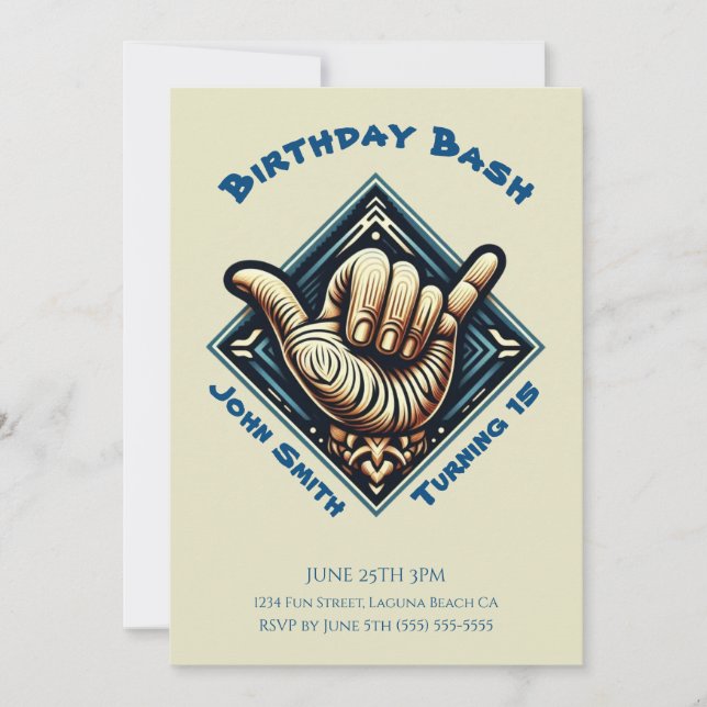 Invitation Fête d'anniversaire - Signe de la main de surfeur  (Devant)