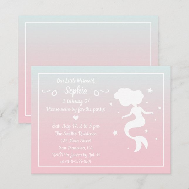 Invitation Fête d'anniversaire silhouette de sirène ombrée ro (Devant / Derrière)