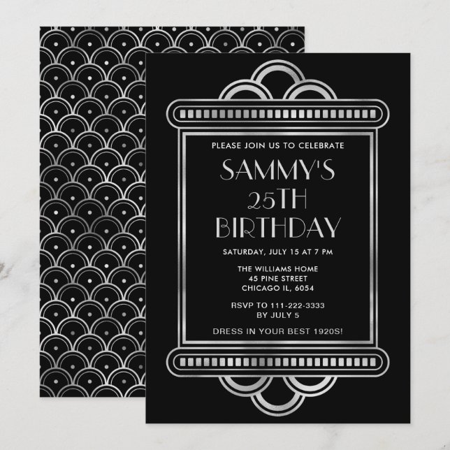 Invitation Fête d'anniversaire Silver and Black Art Déco (Devant / Derrière)