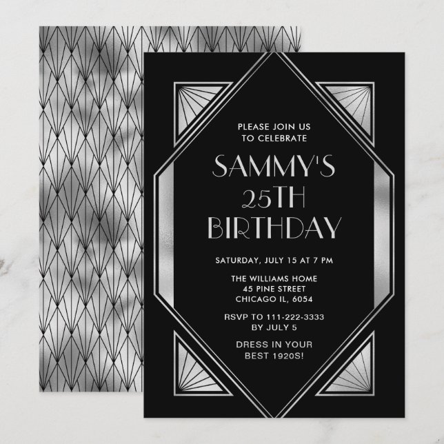 Invitation Fête d'anniversaire Silver and Black Art Déco (Devant / Derrière)