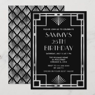 Invitation Fête d'anniversaire Silver and Black Art Déco