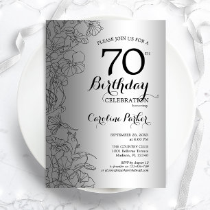 Invitation Fête d'anniversaire Silver Black Floral 70e