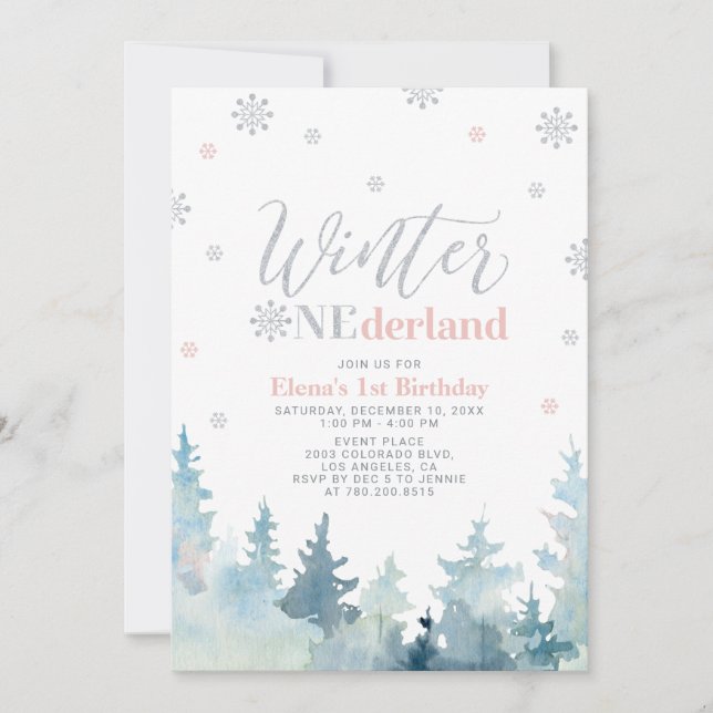 Invitation Fête d'anniversaire Silver & Pink Winter onederlan (Devant)