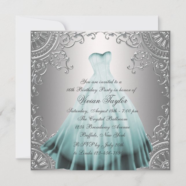 Invitation Fête d'anniversaire Silver Teal Blue pour une Swee (Devant)