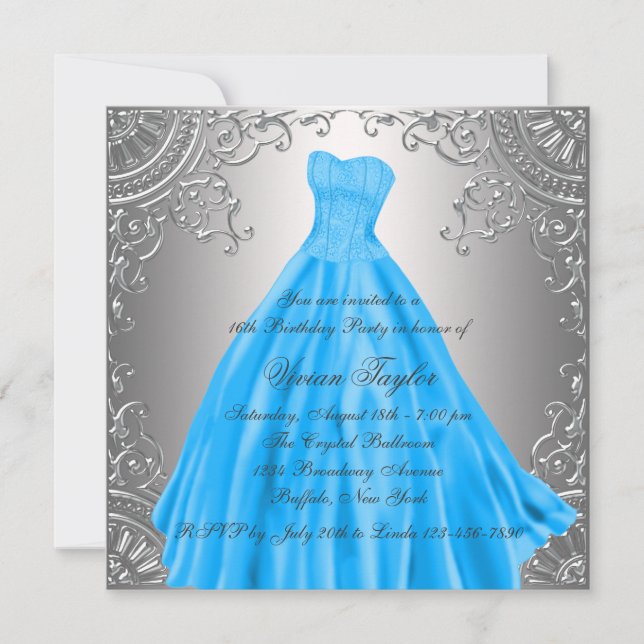 Invitation Fête d'anniversaire Silver Teal Blue pour une Swee (Devant)