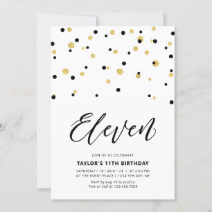 Invitation Fête d'anniversaire simple 11 ans Black & Gold