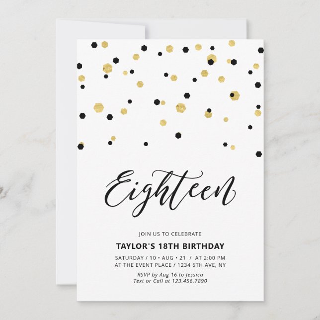 Invitation Fête d'anniversaire simple 18 ans Black & Gold (Devant)