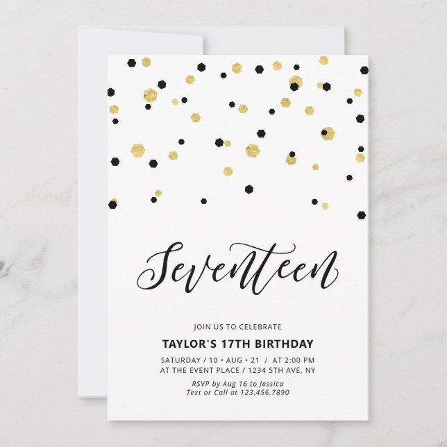 Invitation Fête d'anniversaire simple Black & Gold 17 ans (Devant)