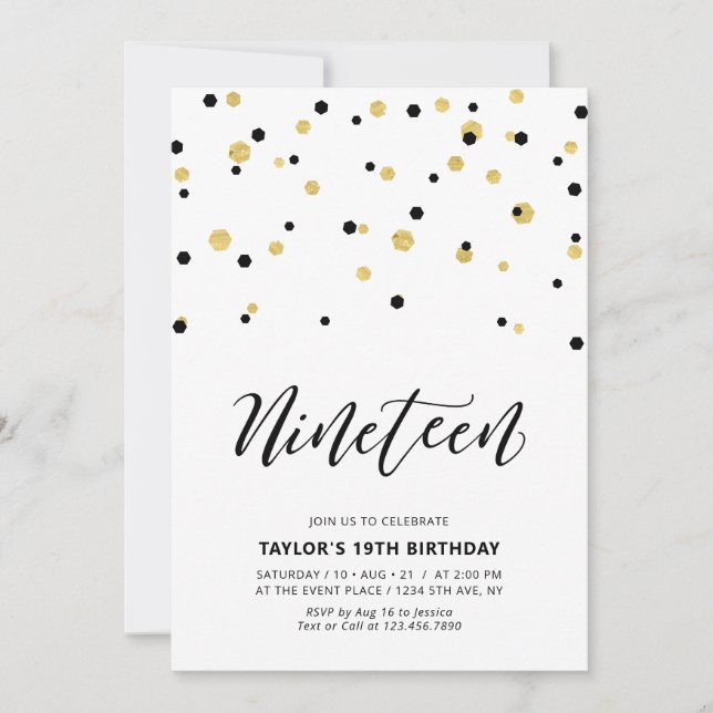 Invitation Fête d'anniversaire simple Black & Gold 19 ans (Devant)