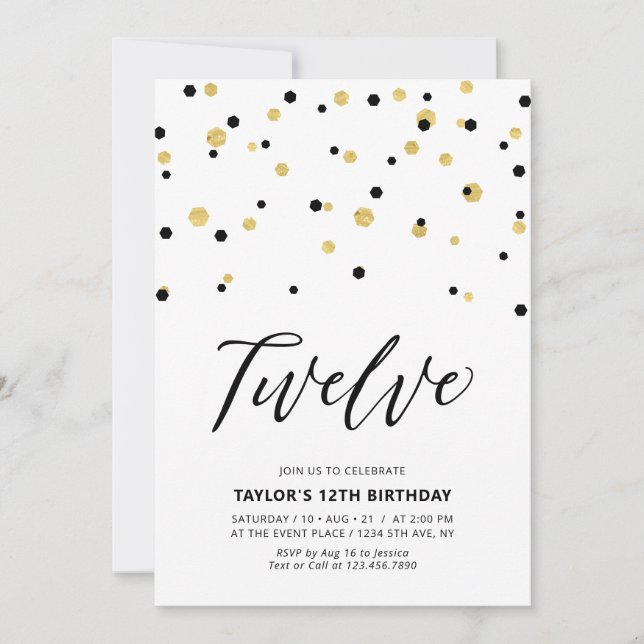 Invitation Fête d'anniversaire simple Black & Gold pour 12 an (Devant)
