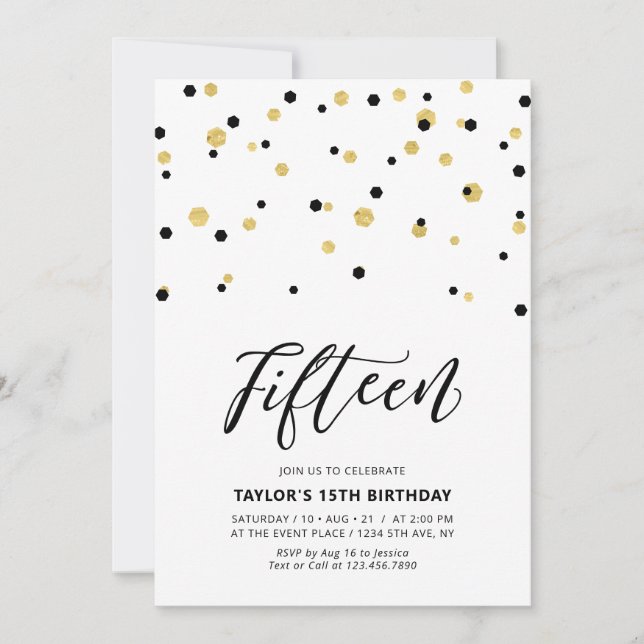 Invitation Fête d'anniversaire simple Black & Gold pour 15 an (Devant)