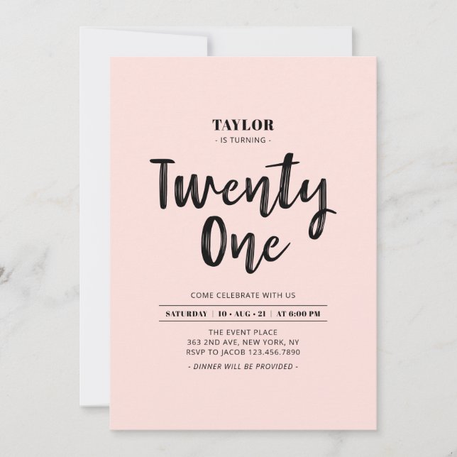 Invitation Fête d'anniversaire simple Black & Pink 21 ans (Devant)