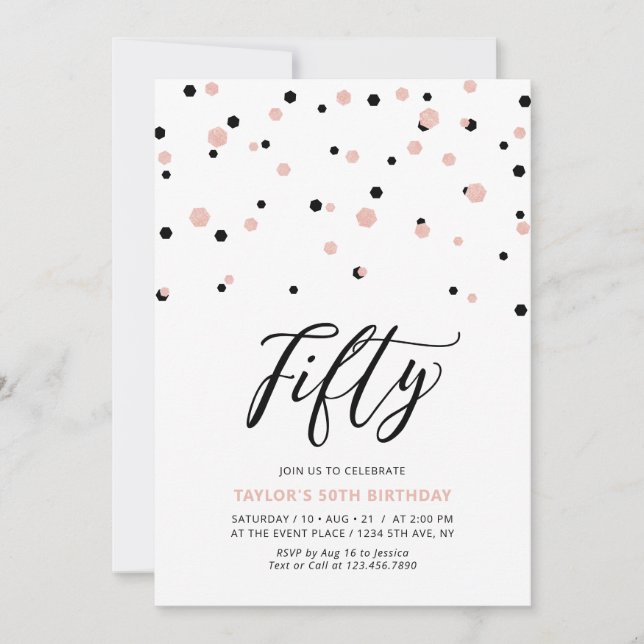 Invitation Fête d'anniversaire simple Black & Rose Gold Fifty (Devant)